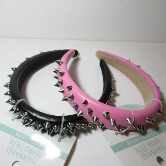 1 Black & 1 Pink Pleather Studded Spiked Headband Punk Alternative Goth Emo New - Picture 2 of 14